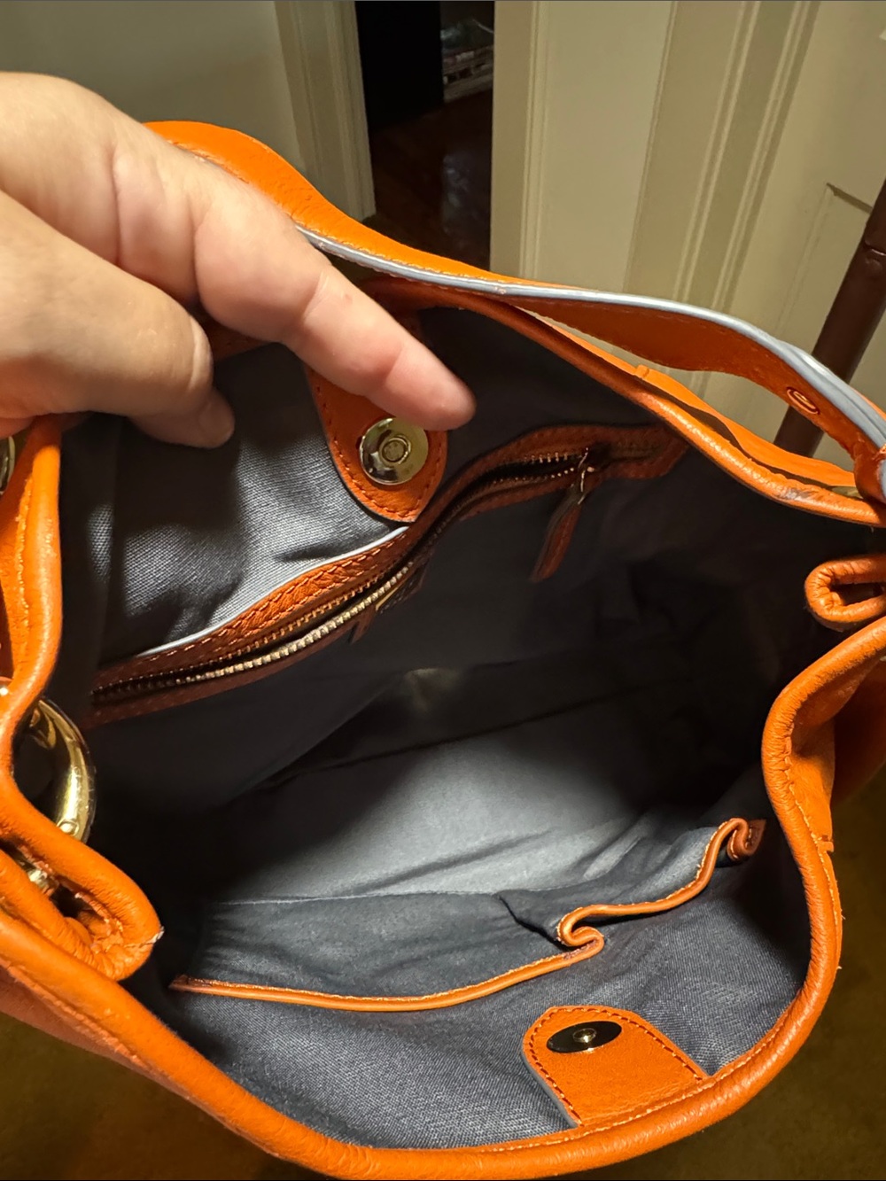 Burnt Orange Leather Shoulder Bag with Embossed Round Logo - Picture 10 of 12